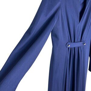 Vintage Navy Blue Evening Dress Rhinestone Buttons Long-Sleeves V-Neck Gathered